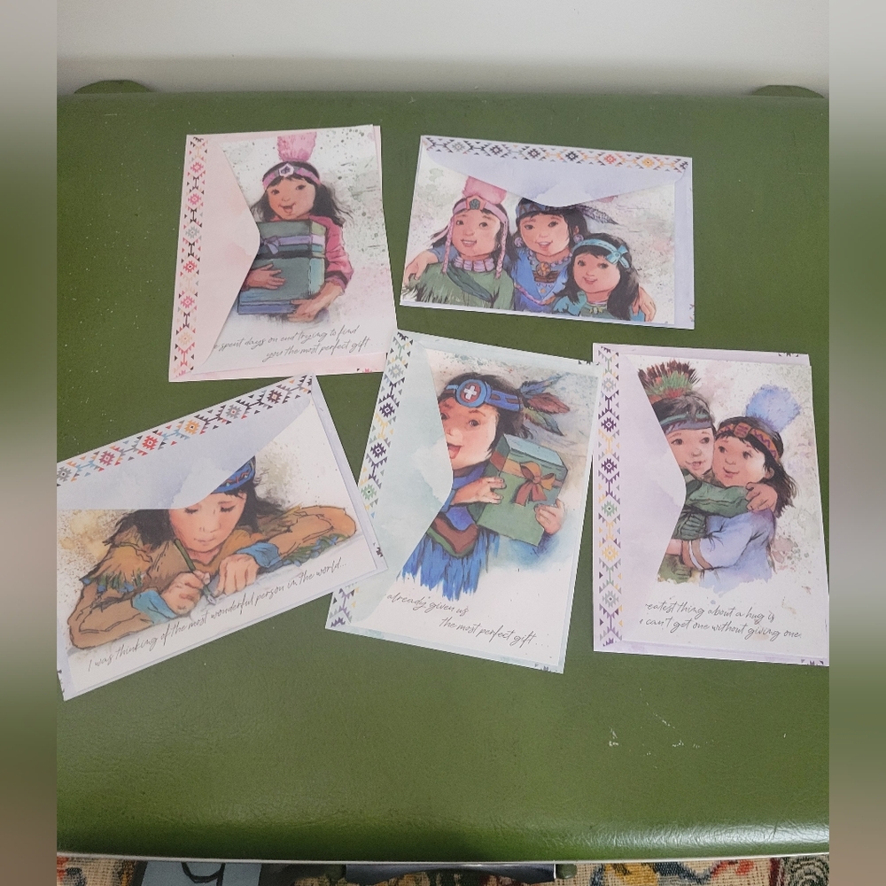 New Native American Children Watercolor Art Greeting Cards Set X5